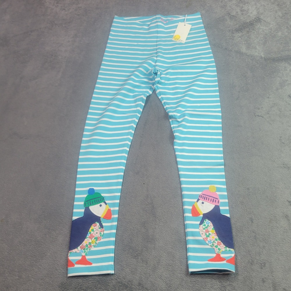 Mini Boden Girls Blue White Striped Puffin Applique Leggings Size 9-10 140cm NWT